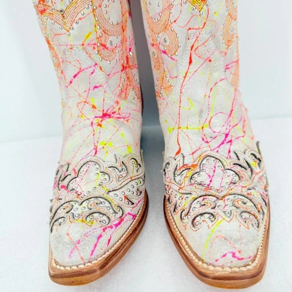 Corral Neon Multi Color Overlay Embroidery Studs Western Boots Size 7.5 NWOB - Picture 5 of 16
